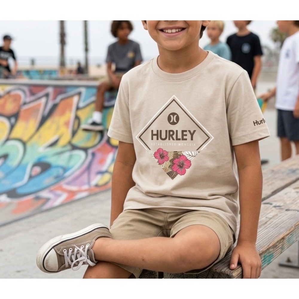 Hurley Boys Rattan Graphic T-Shirt Tan Hibiscus Logo Tee S 8-10 NWT‎